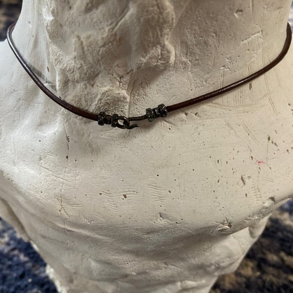 Leather Cord Choker Necklace with Glass Framed Pendant Maroon and Gold Pattern - Picture 6 of 6